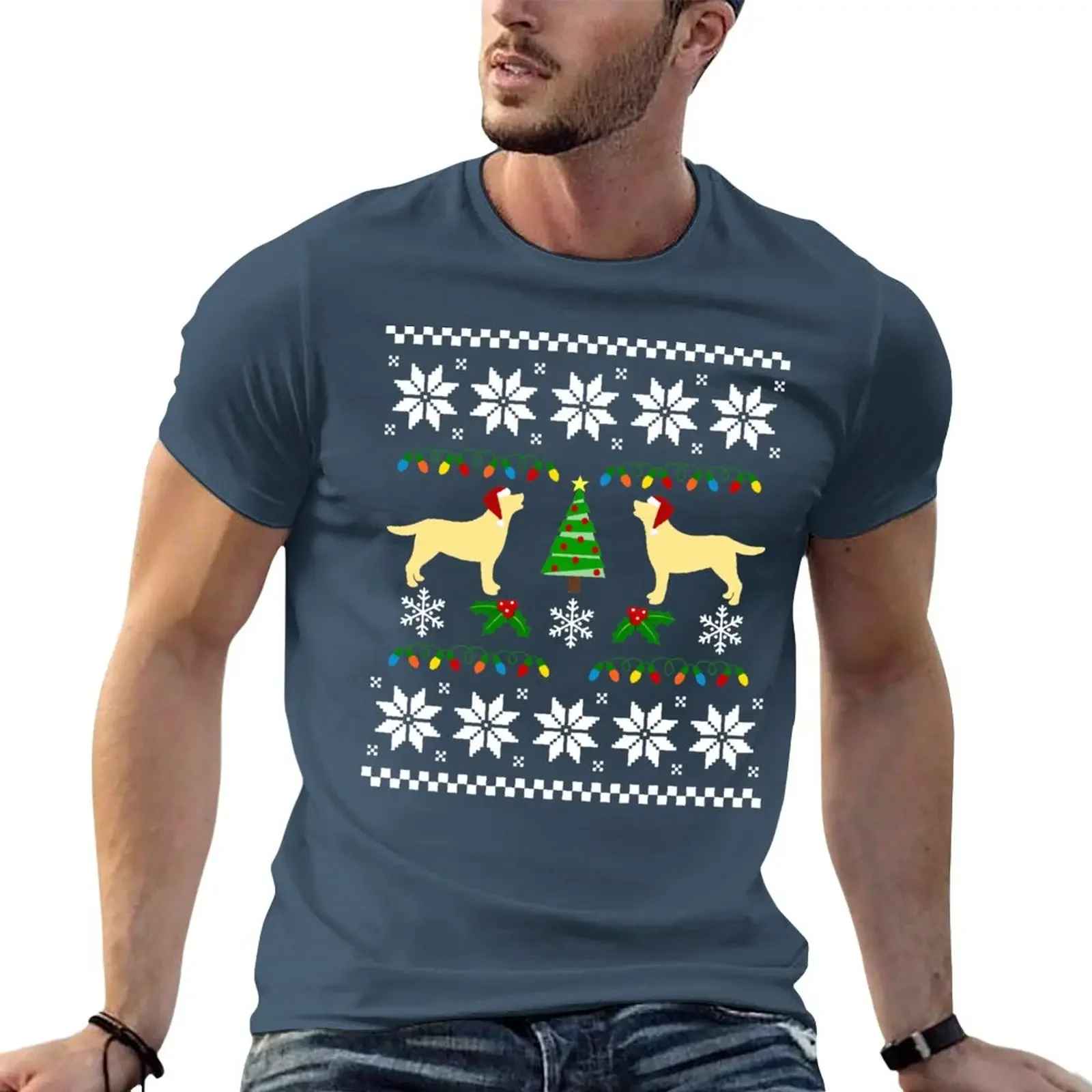 

Yellow Labrador Happy Christmas Sweater Pattern T-Shirt summer clothes plus size tops boys animal print men t shirt