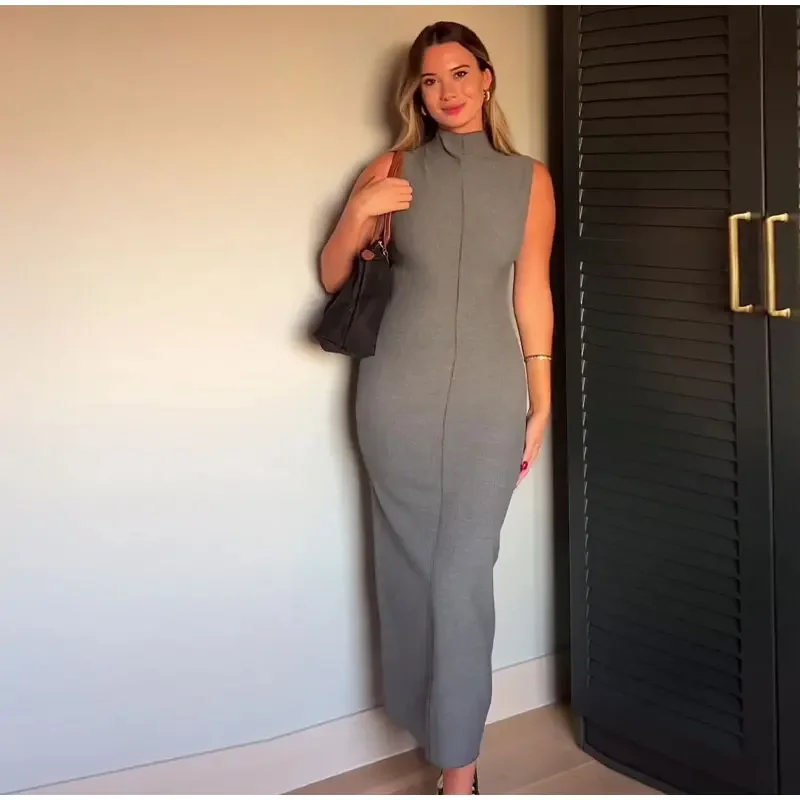 Vestido largo sin mangas con cuello alto y abertura en la espalda para mujer, recto, liso, ajustado, de cintura alta, con cremallera, otoño 2025