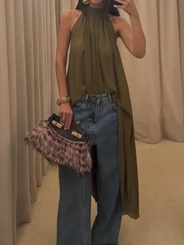 Y2k Vintage Polka Dot Chiffon Scarf Top for Women Bohemian Sleeveless Blouse Streetwear 2026 Summer Outfits 1