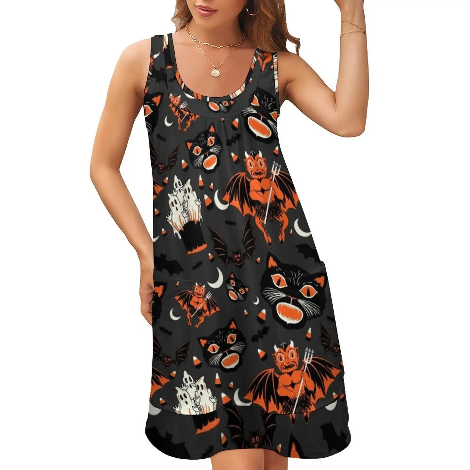

Vintage Halloween Pattern Sleeveless U-Neck Fake Two Piece Dress party dresses women long dress women summer luxury dresses
