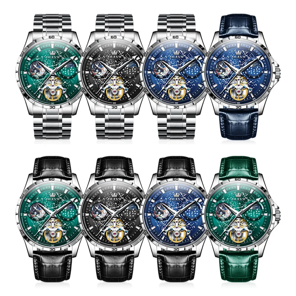 OLEVS Orologio Uomo Automatico Meccanico – Acciaio Inox, Fase Lunare, Impermeabile, Con Tourbillon