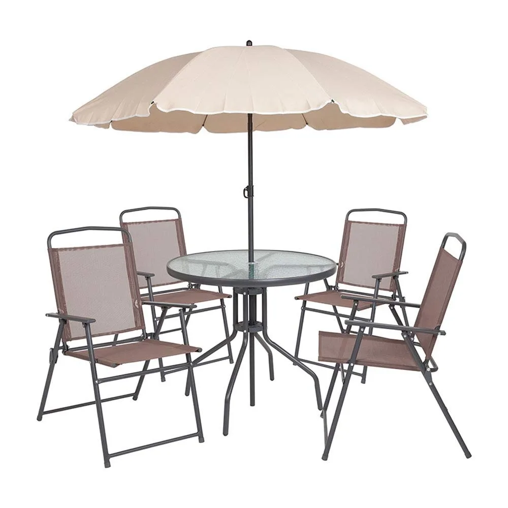 

6-Piece Patio Dining Set with Glass Table, 4 Folding Chairs, and Umbrella, Outdoor Patio Table, Chairs, and Umbrella Set