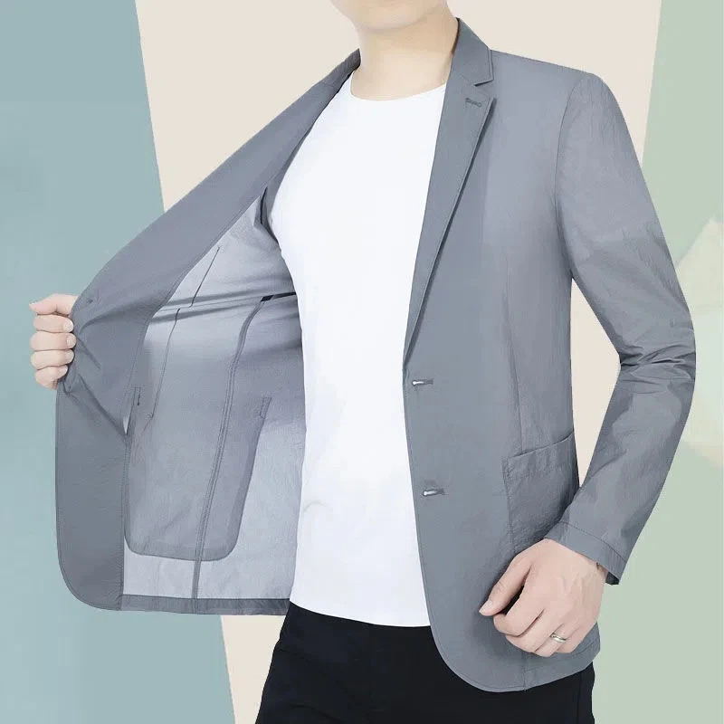 남성용 여름 햇빛 차단 정장 재킷, 캐주얼 아이스 실크 탑, 솔리드 코트, 싱글 브레스트 포켓 블레이저, 한국 패션 의류, 2023