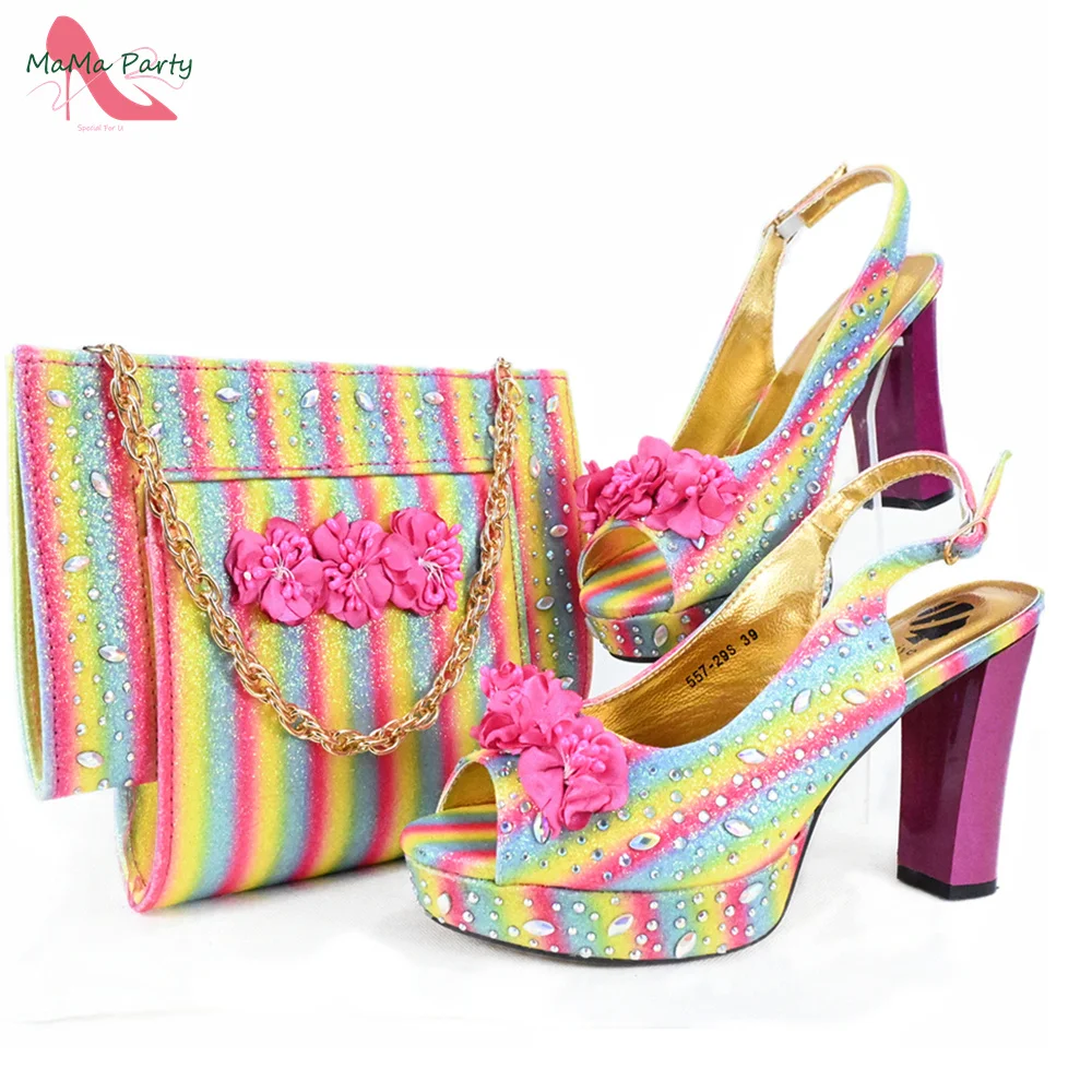 

2024 Classice Italian Women Shoes and Bag Set in Rainbow Color Super High Heels Nigerian Style Fashion Peep Toe Sandals