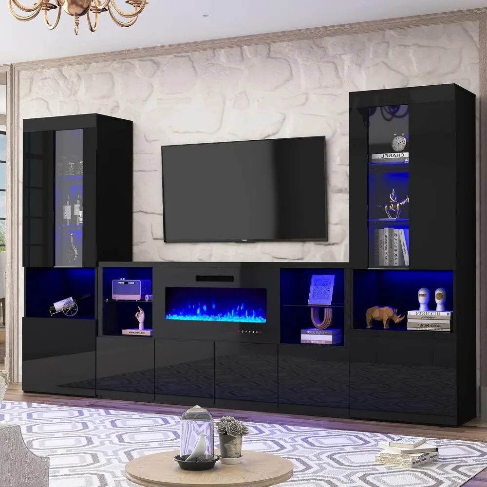 68" Fireplace TV Stand with 40" Fireplace, Modern High Gloss Fireplace Entertainment Center with LED Lights for TVs up to 78" 5