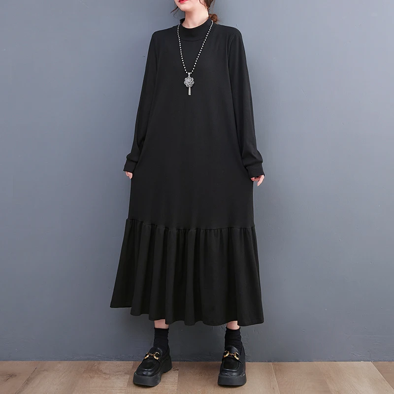 

Japanese Korea Style Patchwork Folds Chic Girls Autumn Winter Black Sweatshirts Dress Lady Work Dress Fashion Women Casual Dress
