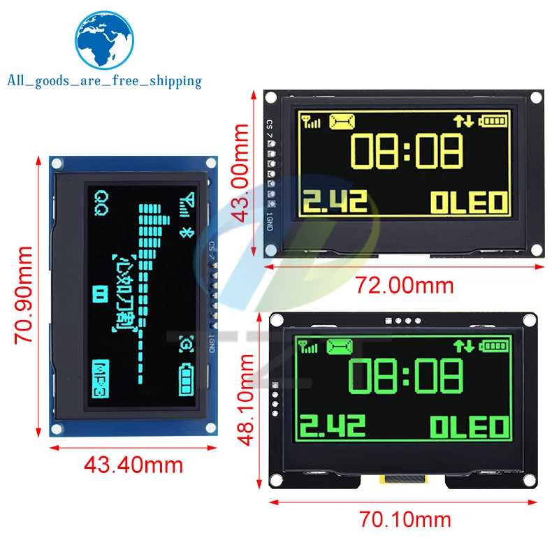 TZT 1/3 Stück 2,42 Zoll 2,42 Zoll LCD-Bildschirm Weiß Gelb 128 x 64 OLED-Anzeigemodul IIC I2C SPI Seriell für C51 SPD0301 – Detail 2