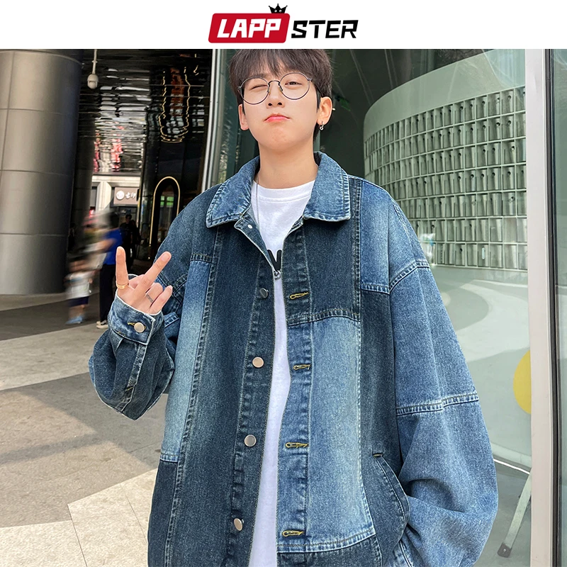 

LAPPSTER Patchwork Japanese Streetwear Denim Jacket 2023 Y2k Oversized Denim Jackets Coats Men Blue Korean Fashions Windbreaker