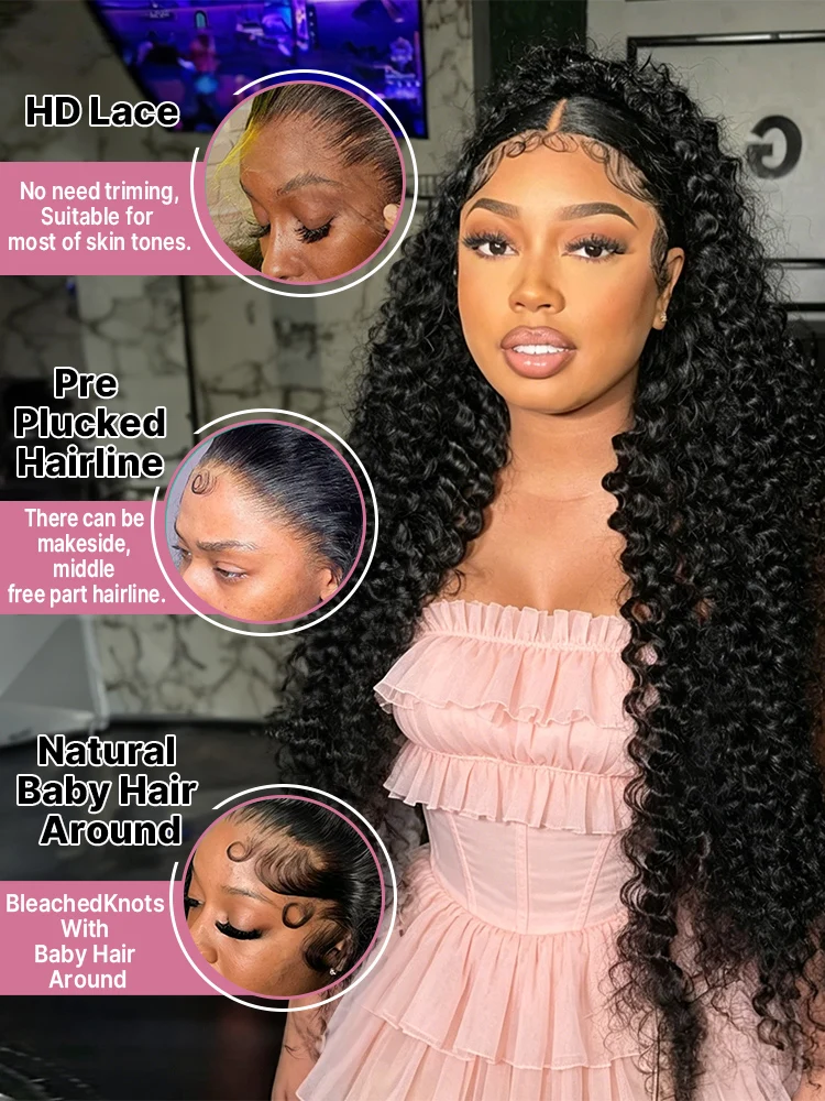 300 High Density 13x4 13x6 HD Curly Lace Front Human Hair Wigs Brazilian 40 50 Inch Deep Wave Frontal Wig Water Wave Human Hair Wigs 7x5 Glueless Wigs Human Hair Ready To Wear And Go Virgin Hair Preplucked 3