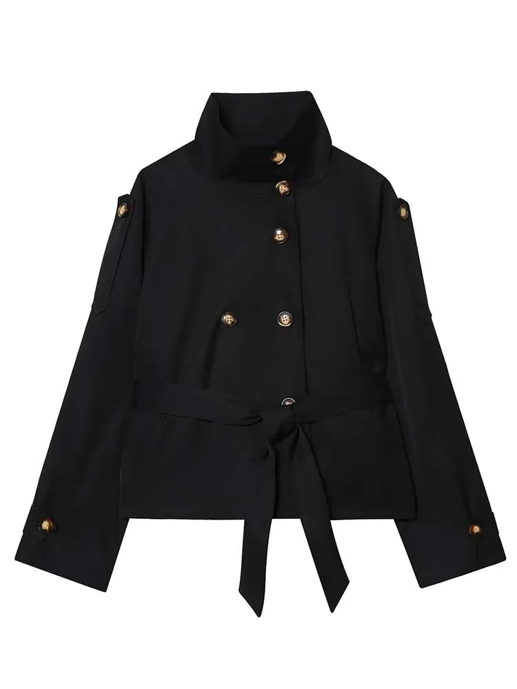 Fashion Belt Short Trench Coat Women Stand Collar Double Breasted Long Sleeve Jacket 2025 Autumn Lady Commute Chic Outerwear ﻿