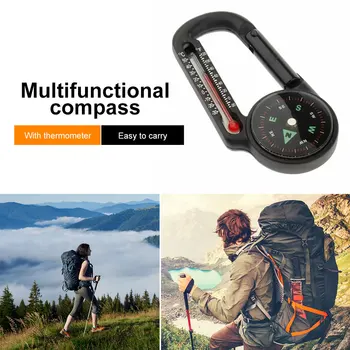 Outdoor Camping Mountaineering Buckle Compass Pointer Mini Keychain Thermometer Compass Key Hook Camping Hiking Tools