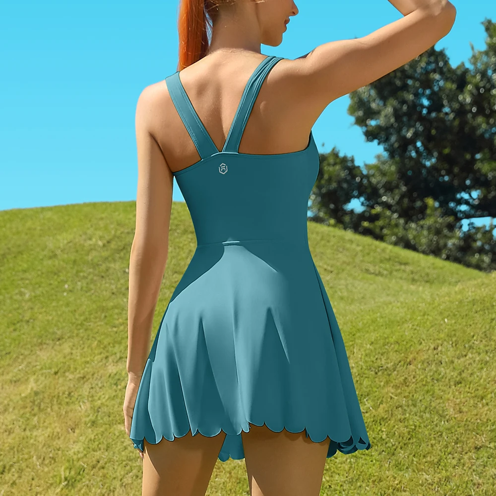 Women Tennis Dress Scalloped Neckline Removable Padded V Back Design Separate Shorts Two Side Pockets Golf Dress