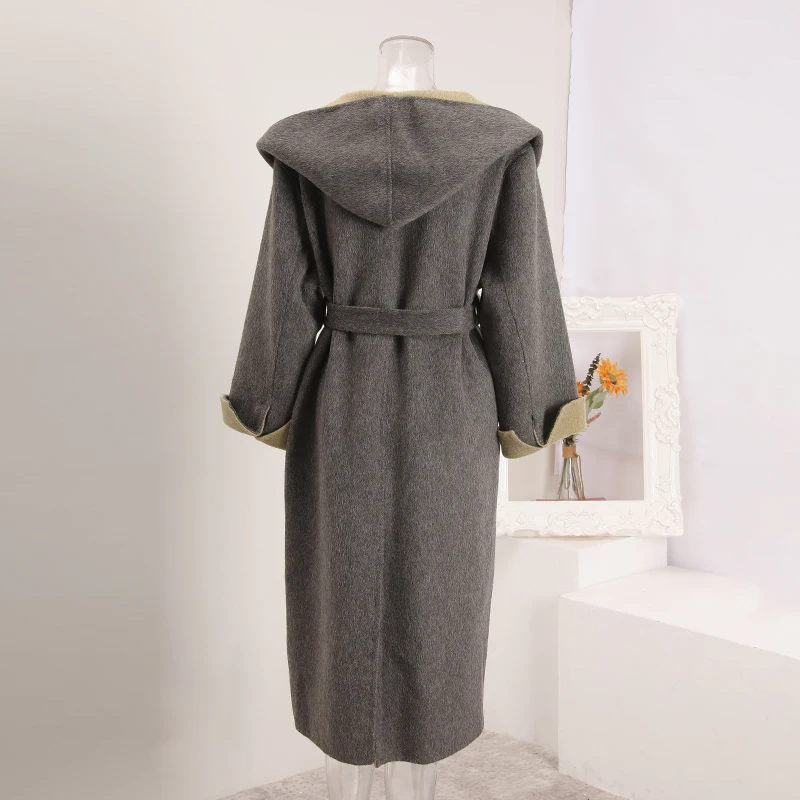LANMREM Two-tone Hooded Casual Chic Women's Double-faced Woolen Coat autumn Winter Loose Bandage Waist Design Overcoat CPG4198 - Image 3