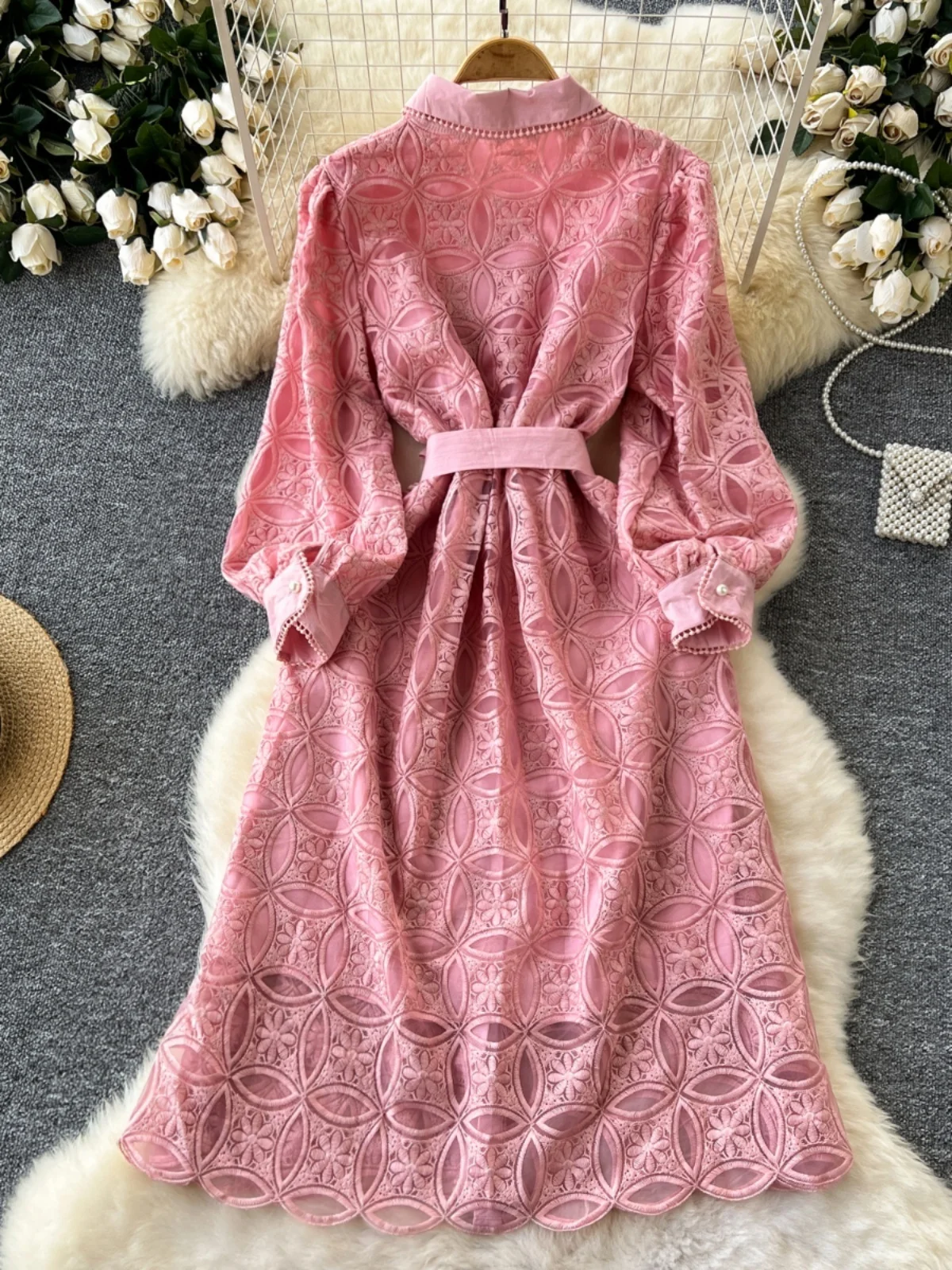 Autumn Winter Lace Embroidery Long Sleeve Midi Dress Shirt Women Single  Breasted Pearls Button - AliExpress