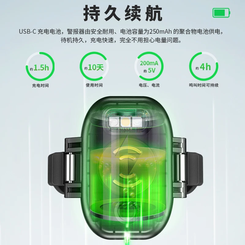 Détail de la sirène lumineuse et sonore 120dB pour drone DJI, fixée sous un AVATA, prête à émettre une alarme.
