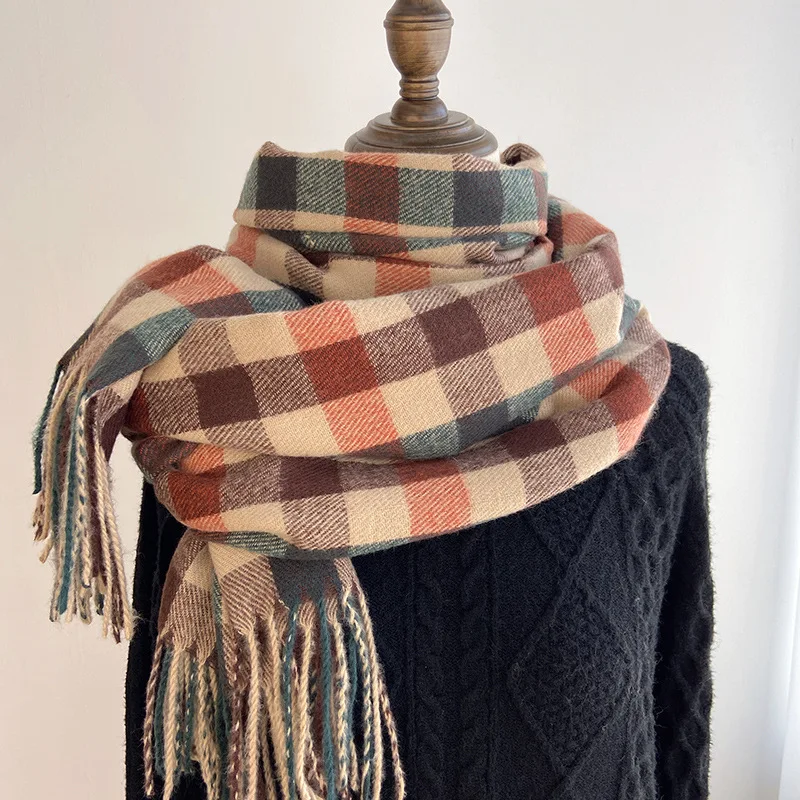 Pamwallymensa Women's Scarf Winter Luxury Brand Tippet Scarves for Ladies Plaid Shawls Warm British Style Thicken Man