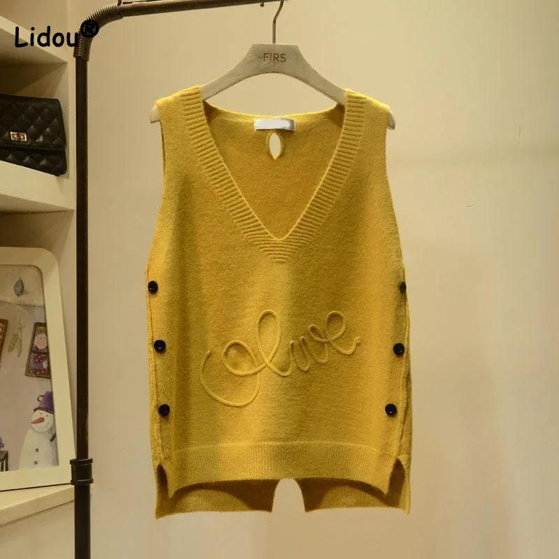 

Women's Clothing Commute Button Patchwork Knitted Vest Spring Autumn Simplicity V-Neck Fashion Sleeveless Solid Color Sweaters