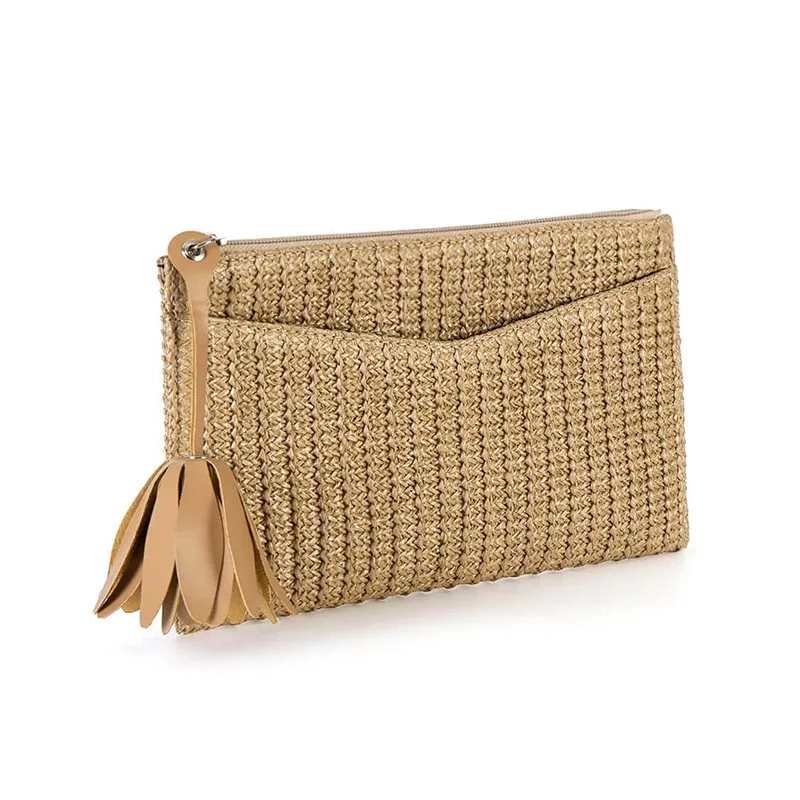 2024 Women Trend Straw Evenlope Clutch Handbag Summer Beach Woven Rattan Party Purse with Floral Pattern Tassels Messenger Bags