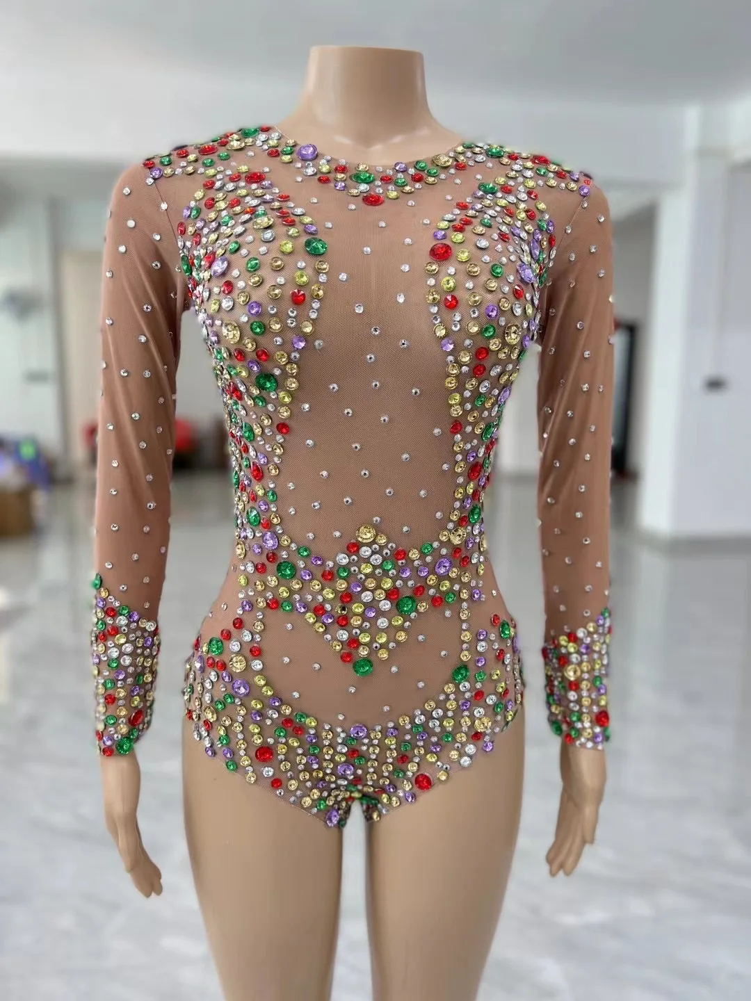 

Sparkly Colorful Stones Transparent LeotardEvening Birthday Celebrate Mesh Bodysuit OutfitPerformance Dancer Costume C098