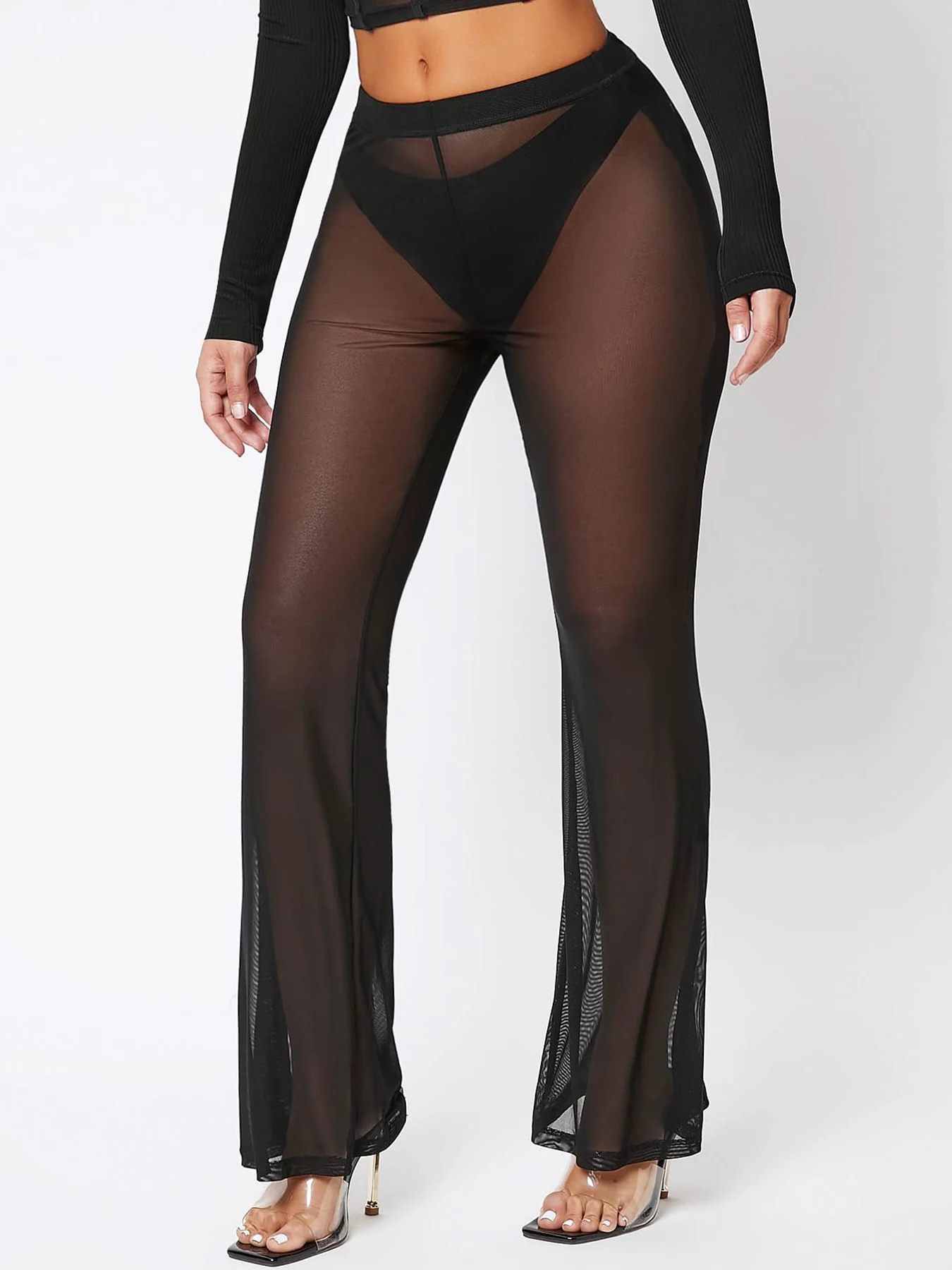 Europe and the United States cross-border sales of new mesh fluoroscope flared pants summer fashion sexy high waist breathable c Best Sellers In Women's Clothing