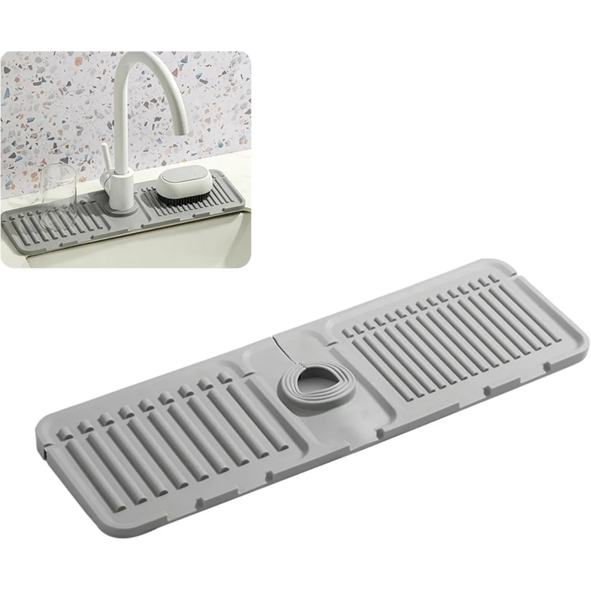 Faucet Mat for Kitchen Sink Silicone Splash Guard with Rapid Drying & Dish Soap Sponge Holder for Stone Sinks in Kitchen PH016