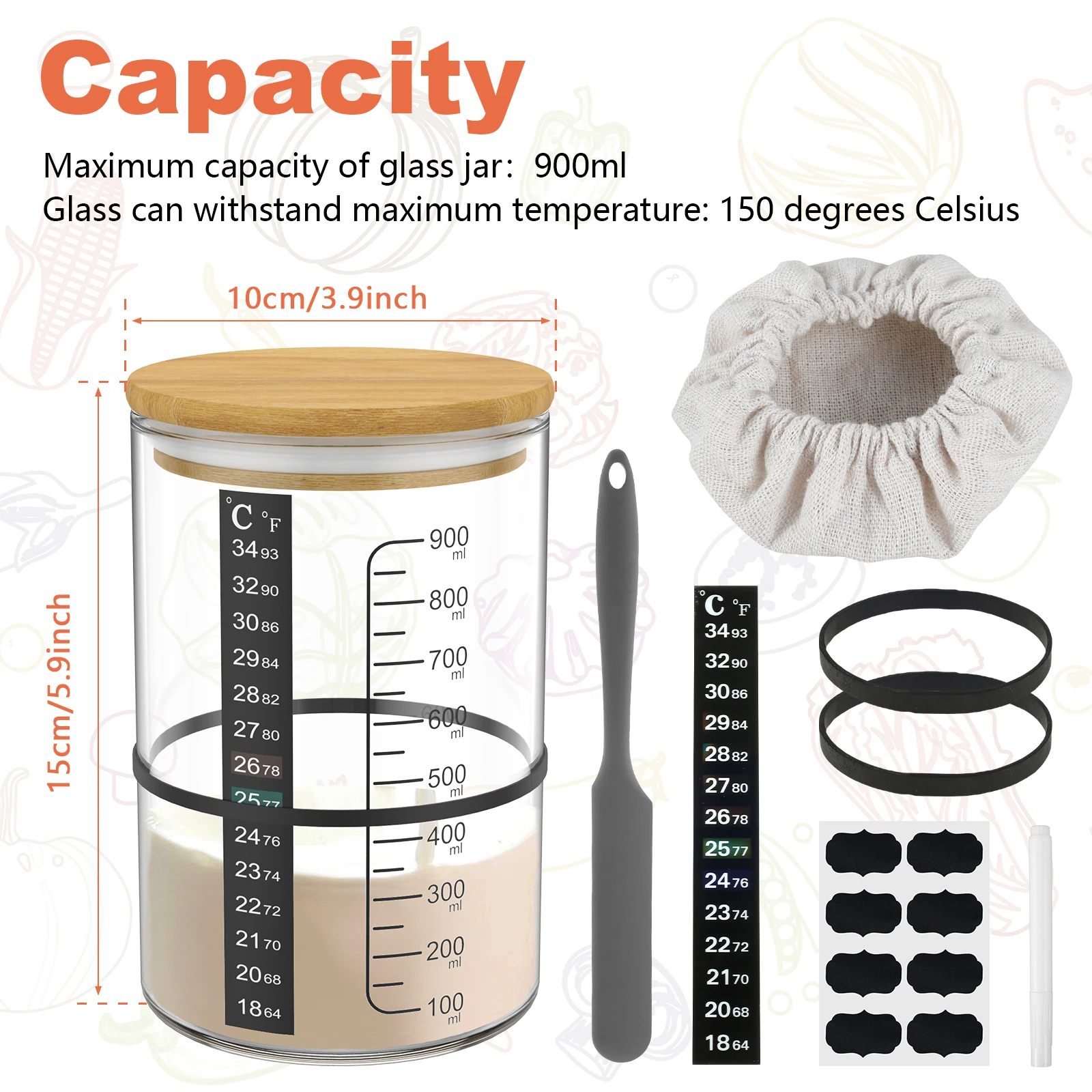 Artisan Sourdough Fermentation Jar Kit - 1000ml Wide Mouth Glass Container for Kitchen Baking and Food Storage