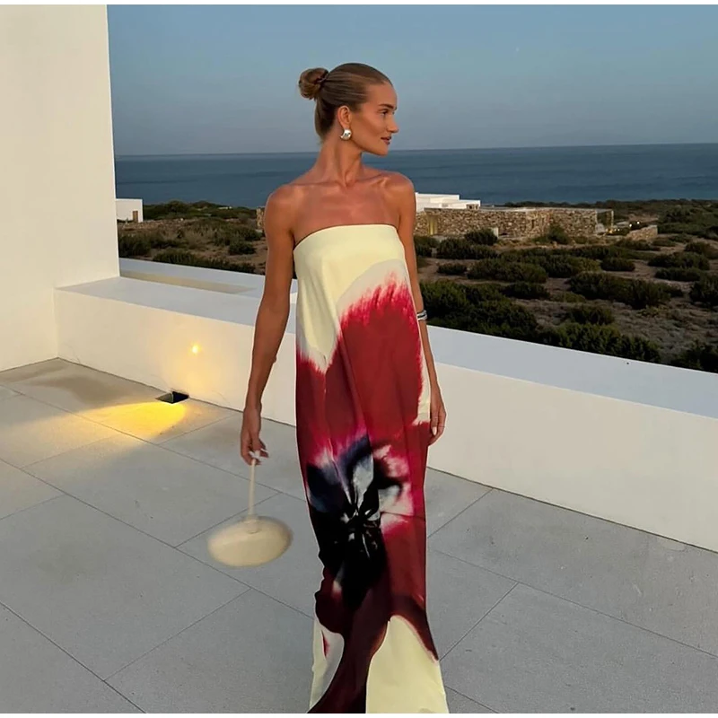 Sexy Floral Printed Strapless Long Dresses Women Loose Off The Shoulder Sleeveless Beach Dress 2025 Summer Lady Vacation Robes