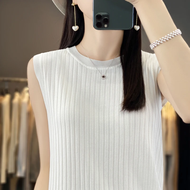 

Round Neck Summer Ice Silk Vest Women's Solid Color Thin Style Slim And Fashionable Pullover T-Shirt Top