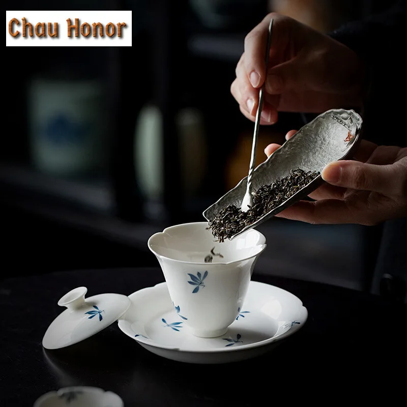 100ml Boutique Pure Handpainted Butterfly Orchid Art Tea Tureen White Porcelain Sunflower Mouth Tea Maker Gaiwan Ceramic Teaware