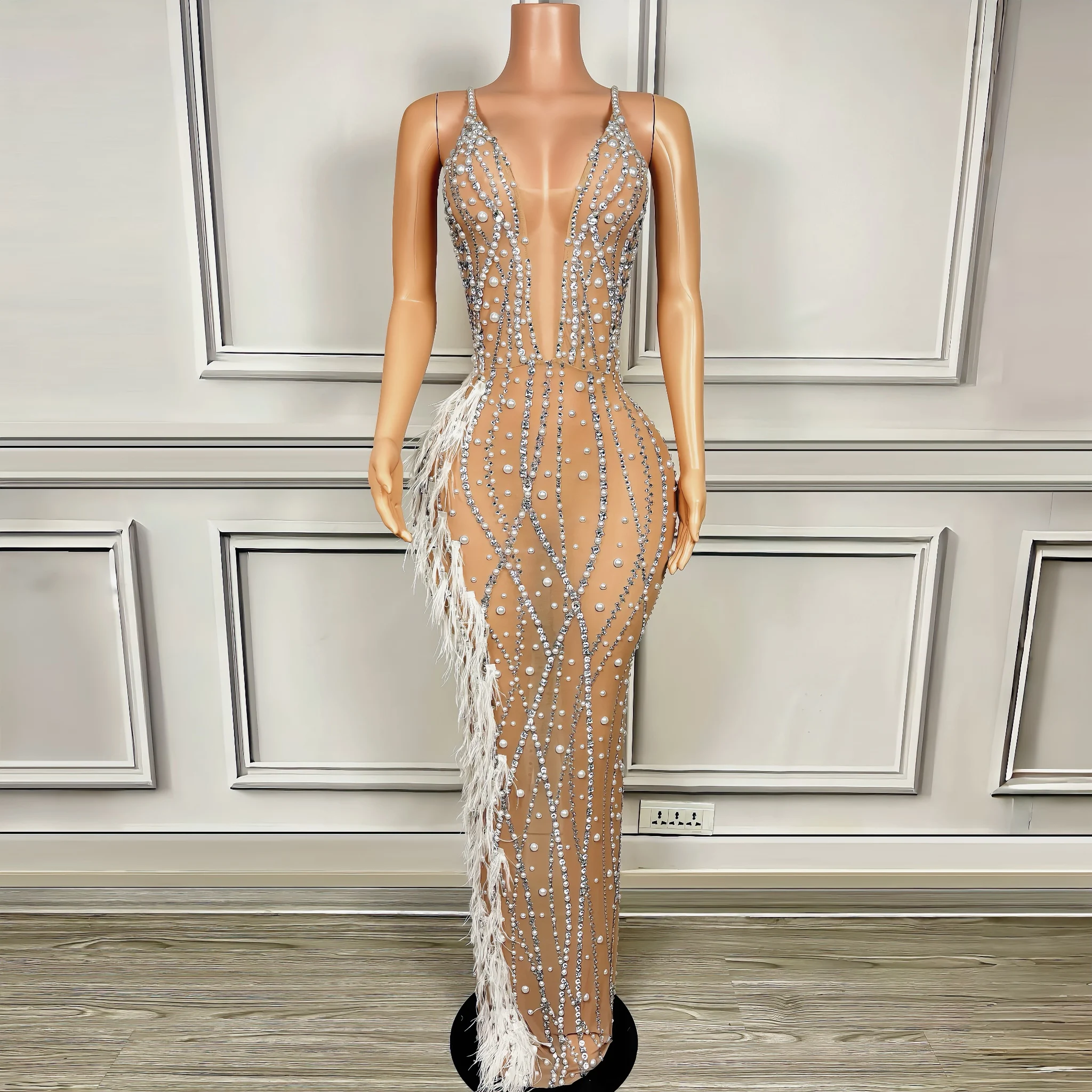 

Женское роскошное привлекательное Сетчатое Прозрачное платье, блестящее женское платье, костюм для выступления в клубе, элегантное вечернее платье с жемчугом