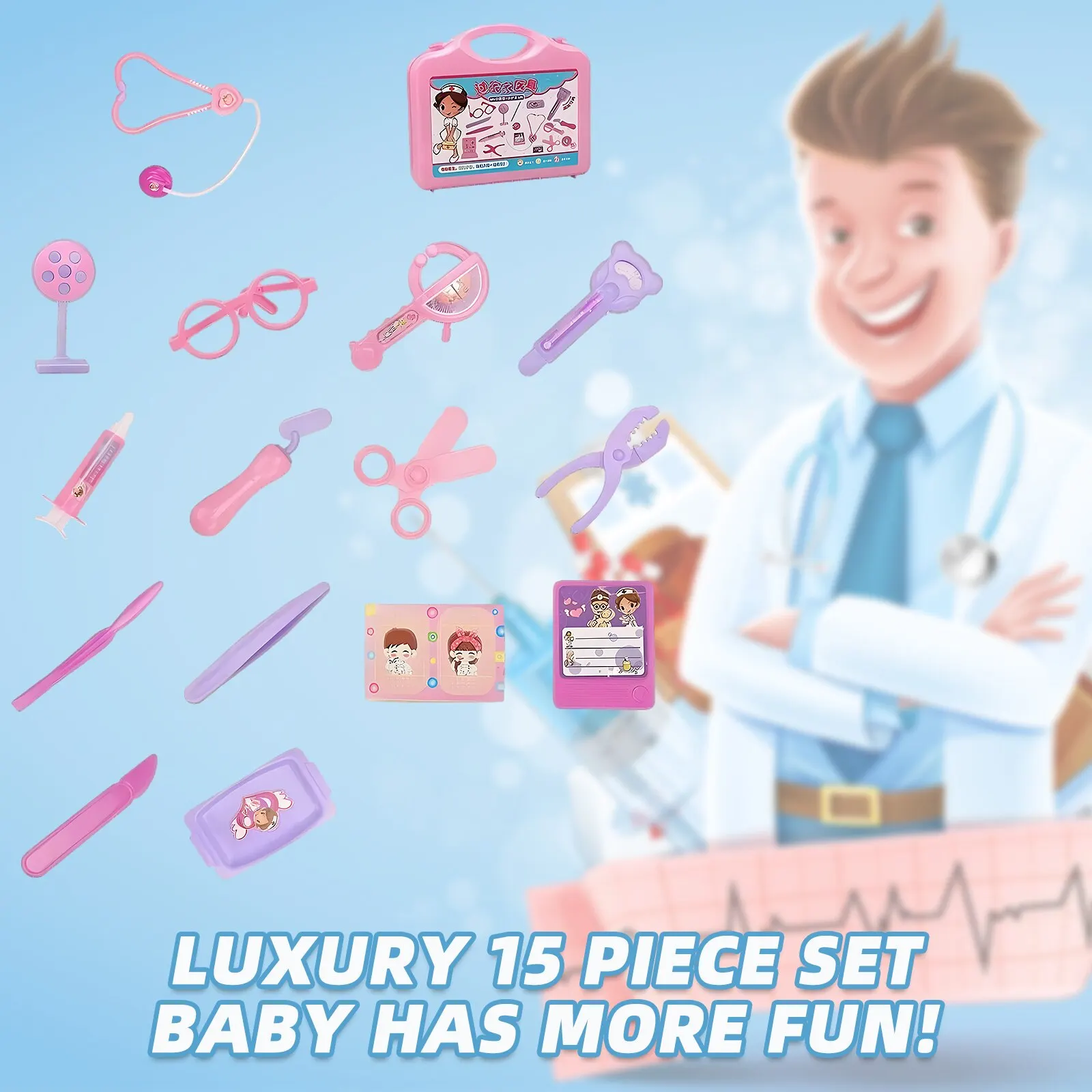 15PCS Multifunctional Medical Tool Box Portable Suitcase Simulation Family Doctor Nurse Pretend Play Set Kids Educational Toy 2