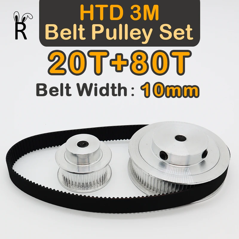 20Teeth+80Teeth HTD 3M Belt Pulley Set 20T 80T Synchronous Wheels Kit 3M Pulleys 80Teeth Belt Width 10mm HTD3M Timing Pulley Set