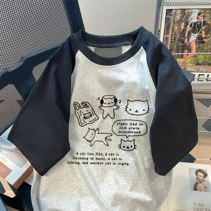 

European and American cartoon graffiti printing short-sleeved men and women Korean style tide brand summer loose round neck top