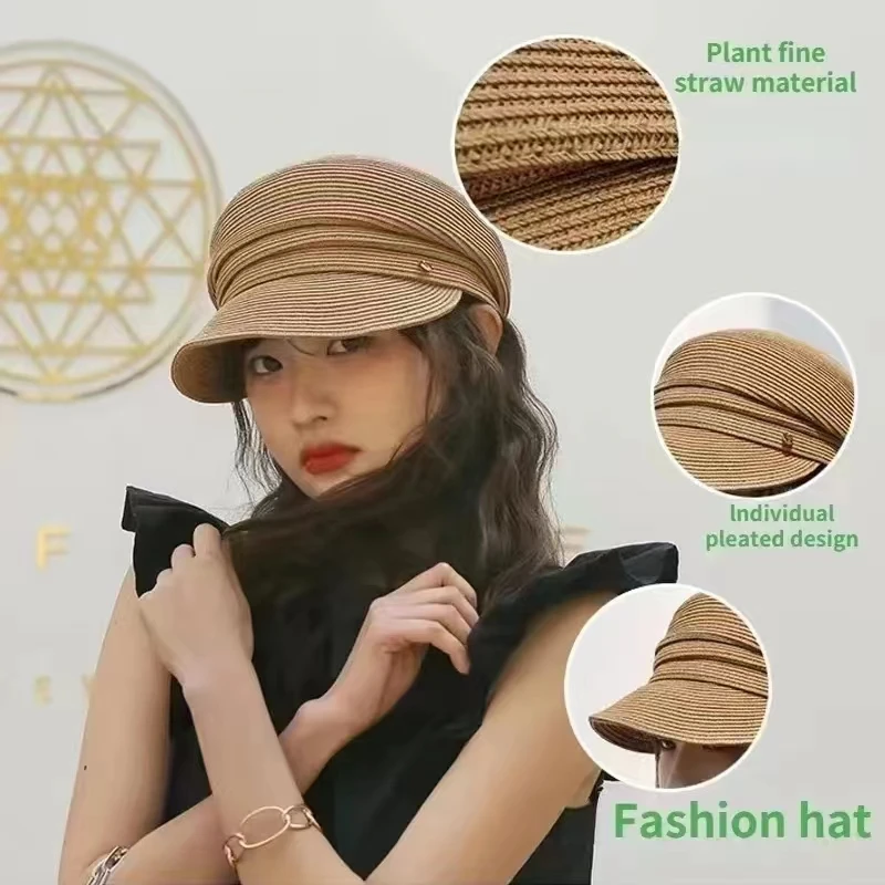 

Summer New Korean Version Women's Berets Casual Fashion Straw Shading Sun Protection Hat Gorras Peaked Japan Design Newsboy Cap
