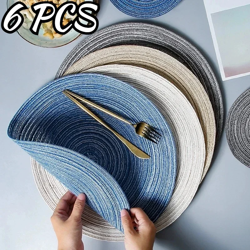 

6pcs Woven Table Mat Round Ramie Placemats Anti Slip Dining Table Mats Non-Slip Tableware Bowl Pads Kitchen Drink Cup Coasters