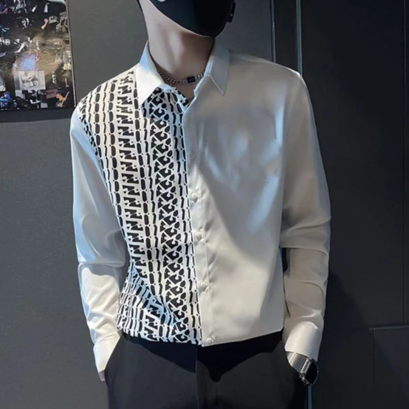 Spring Autumn Polo-neck Patchwork Long Sleeve Blouse Male Loose Casual Harajuku Y2K Shirt Hombre Fashion All-match Cardigan Top