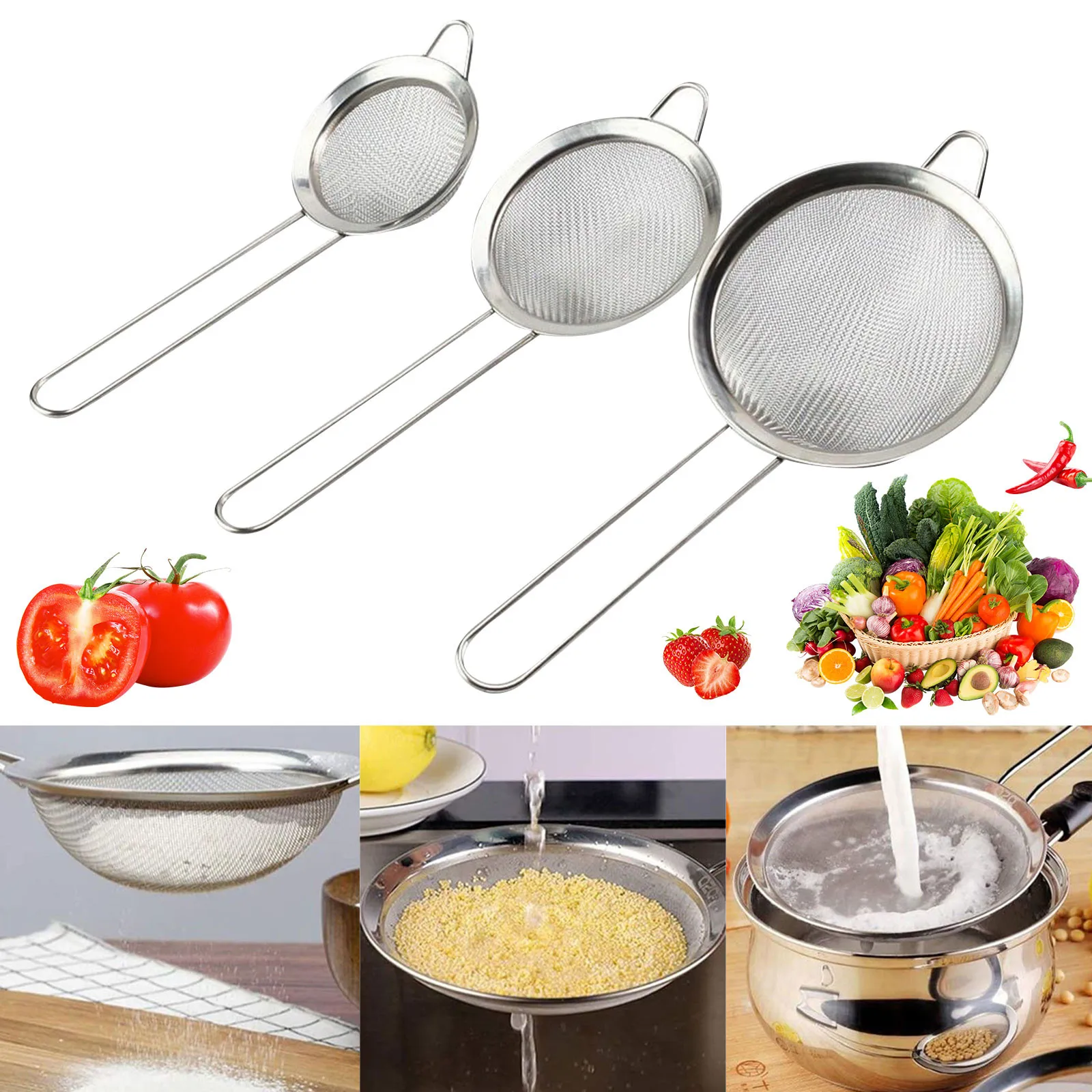 

3pcs/Set Stainless Steel Wire Fine Oil Strainer Flour Colander Sieve Baking Tools Kitchen Accessories кухонные принадлености