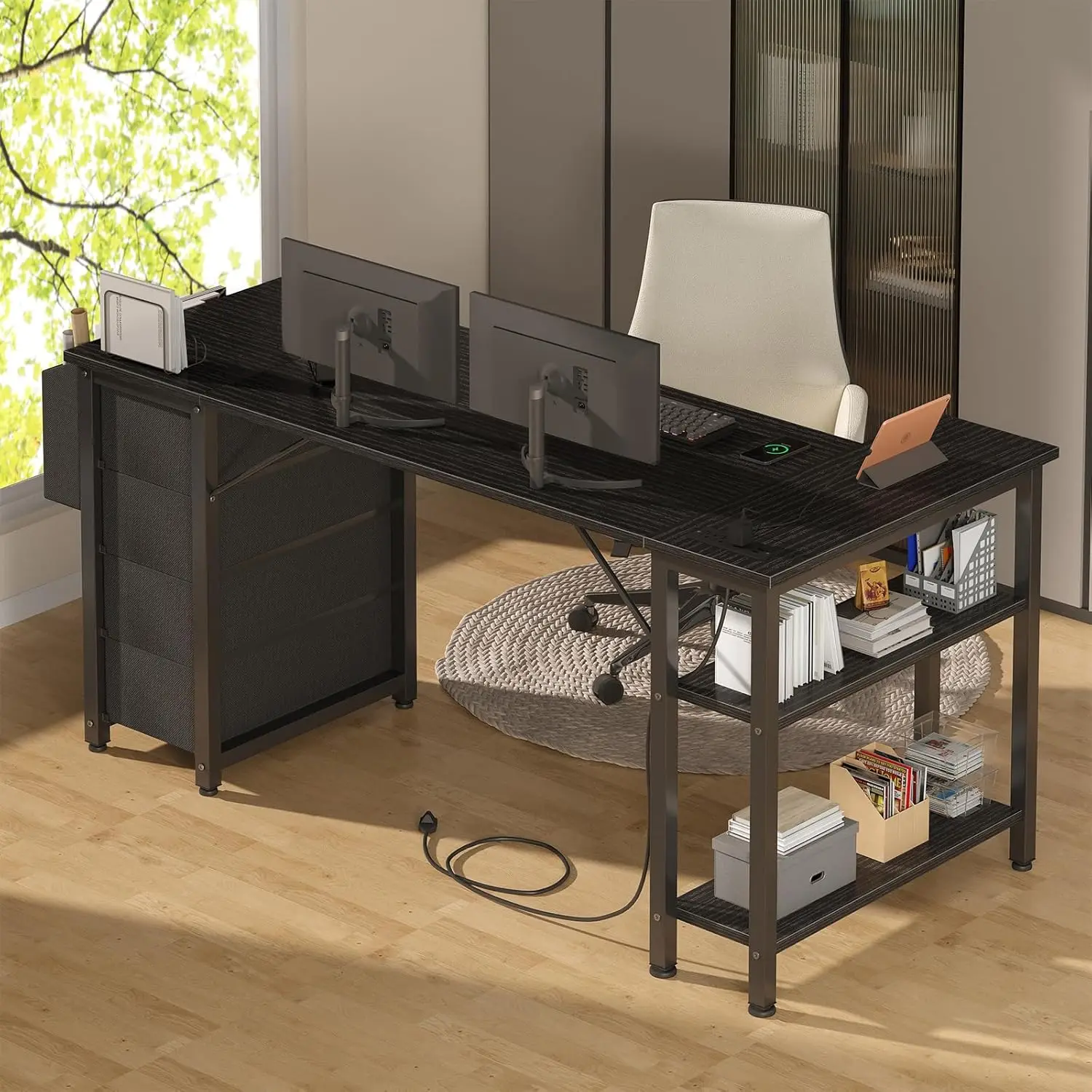 L Shaped Gaming Desk with Drawers  Storage Shelves  63 Inch Corner Computer Desk with Power Outlet for Home Office Bedroom  L Sh 4