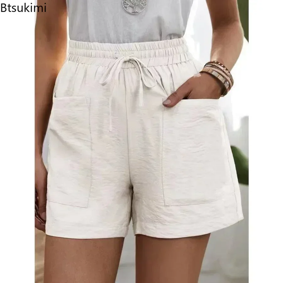 Bermuda Femme Shorts Et Bermudas Longueur Genou Jambe Large Confortable Coton Lin Élastiqué Taille Haute Stretch Dames Culottes Été Solide Short Avec Poches Yoga Active Sports Shorts