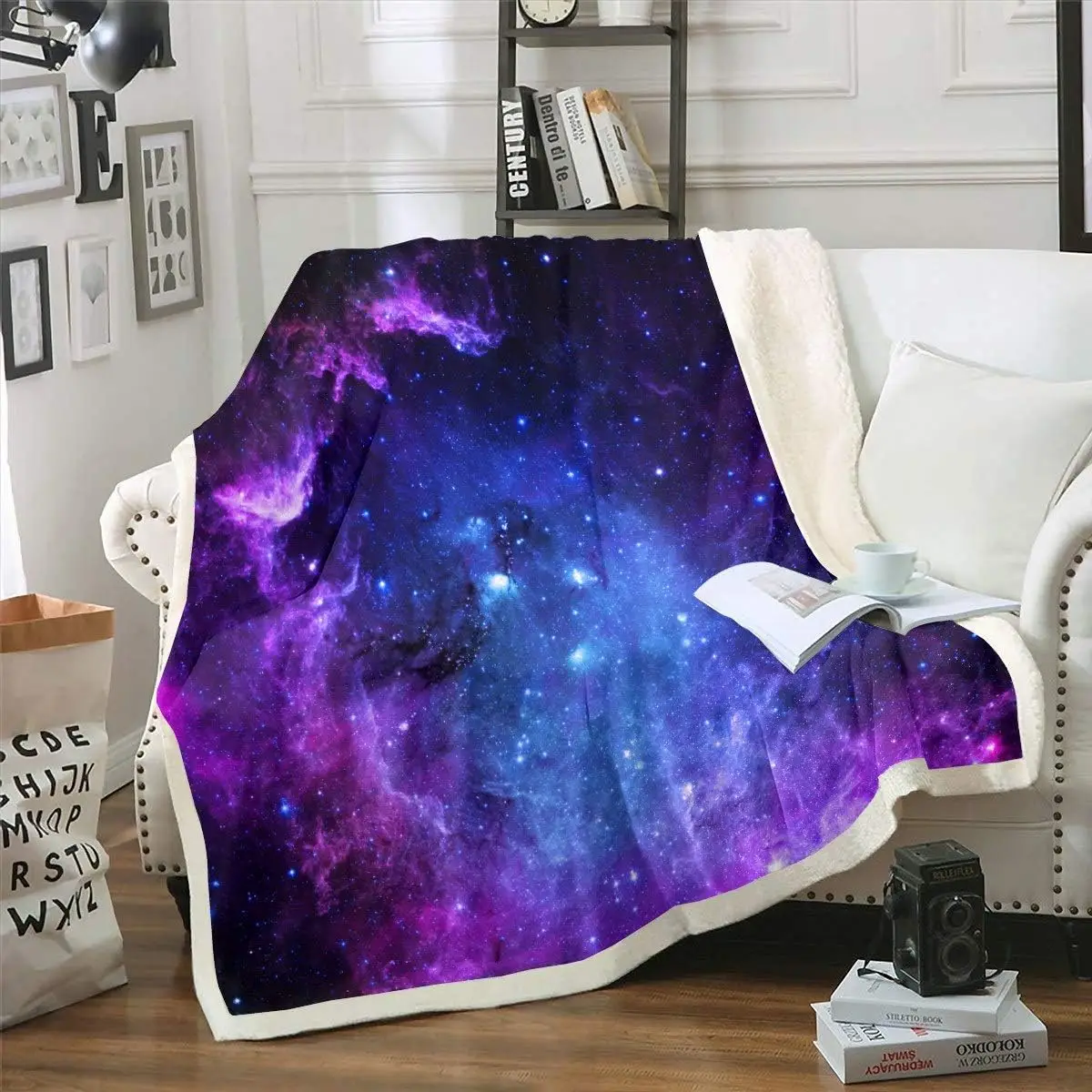 

Galaxy Outer Space Fleece Throw Blanket Blue Purple Starry Sky Sherpa Blanket for Kids Adults Universe Stars Night Plush