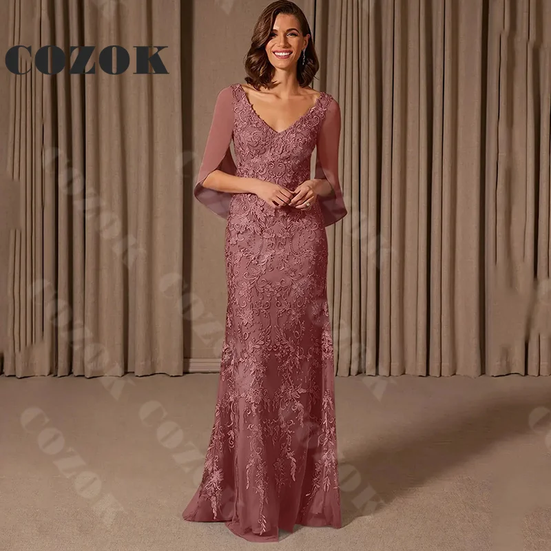 Elegant Appliques Mother of the Bride Dresses 2024 V Neck With Sleeve Mermaid Floor-Length Women Formal Gowns Custom Z34Y