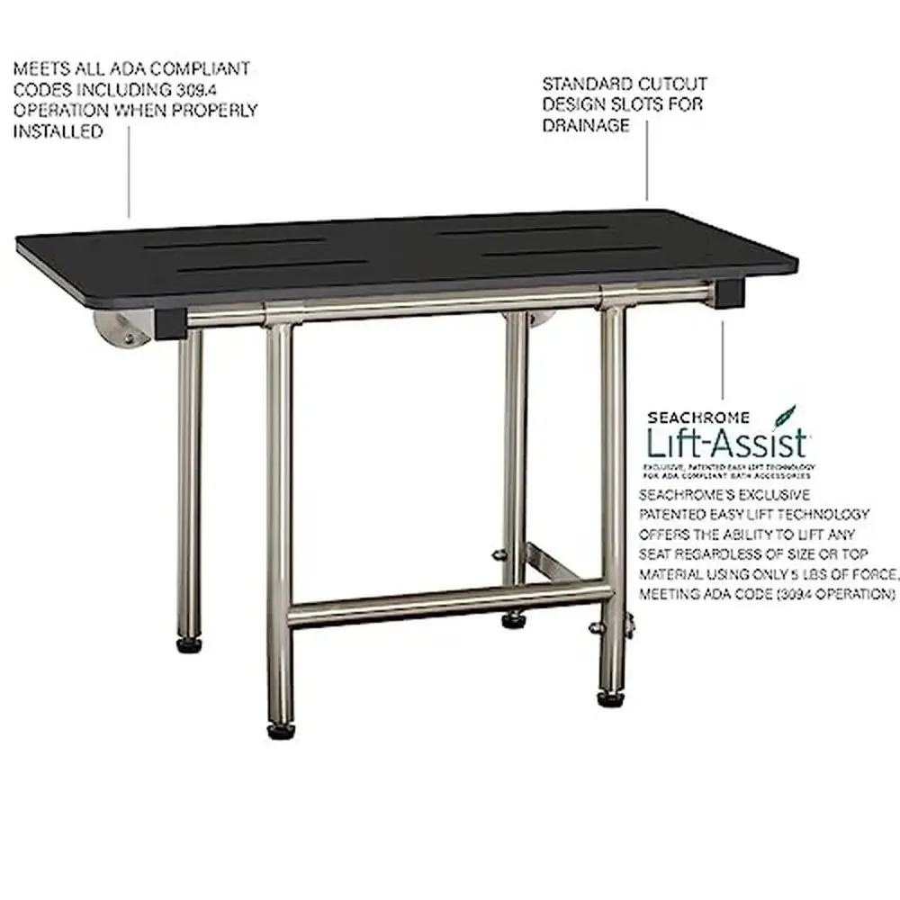 ADA Bariatric Folding Wall Mount Shower Bench 1000lb Capacity Matte Black Phenolic Seat 3