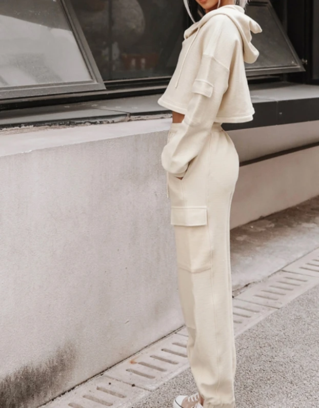 

2023 Autumn Winter Spring New Fashion Casual Long Sleeved Pocket Hooded Sweater Pants Sports Set Womens Two Piece Sets Outfit
