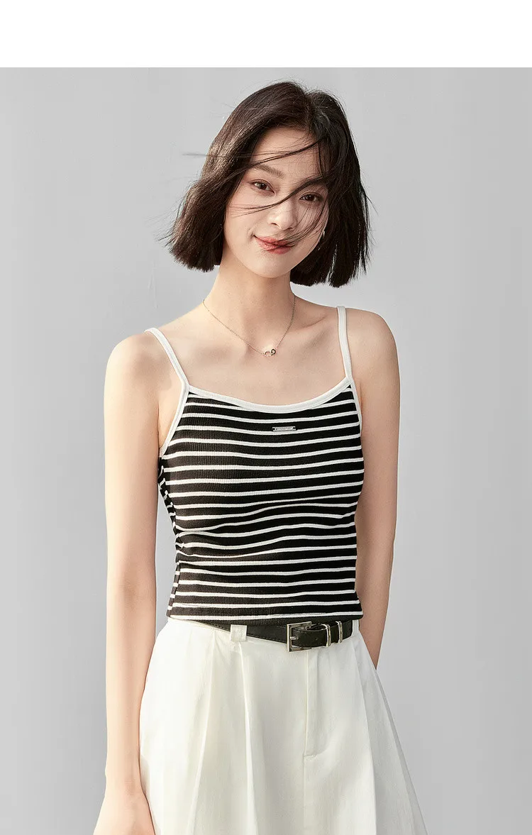 Stripe Cotton Tank    Women’s slim fit casual knitted metal decoration with JINDELIWUJN engravement sleeveless straps square neck short top for woman in black and white Fall Autumn womens petite-, plus-, size striped tops Clothes #143I55950
