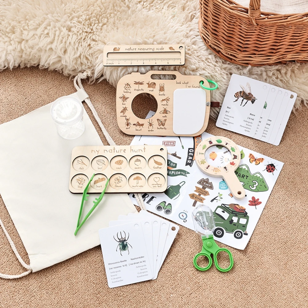 Kinder Outdoor Exploration Spielzeug Set Lupe Holz Aufnahme Board Pflanze & Insekten Biologie Karten Lernspielzeug Baby Geschenk – Detail 16