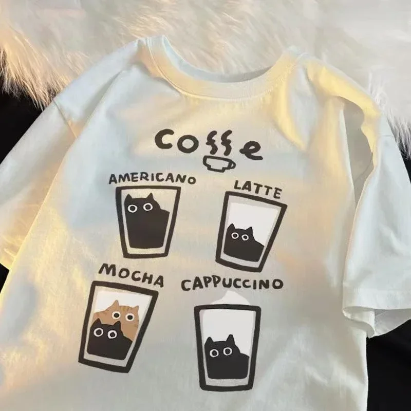 Men and Women Vintage Cat Coffee Pattern T-Shirt Short Sleeve