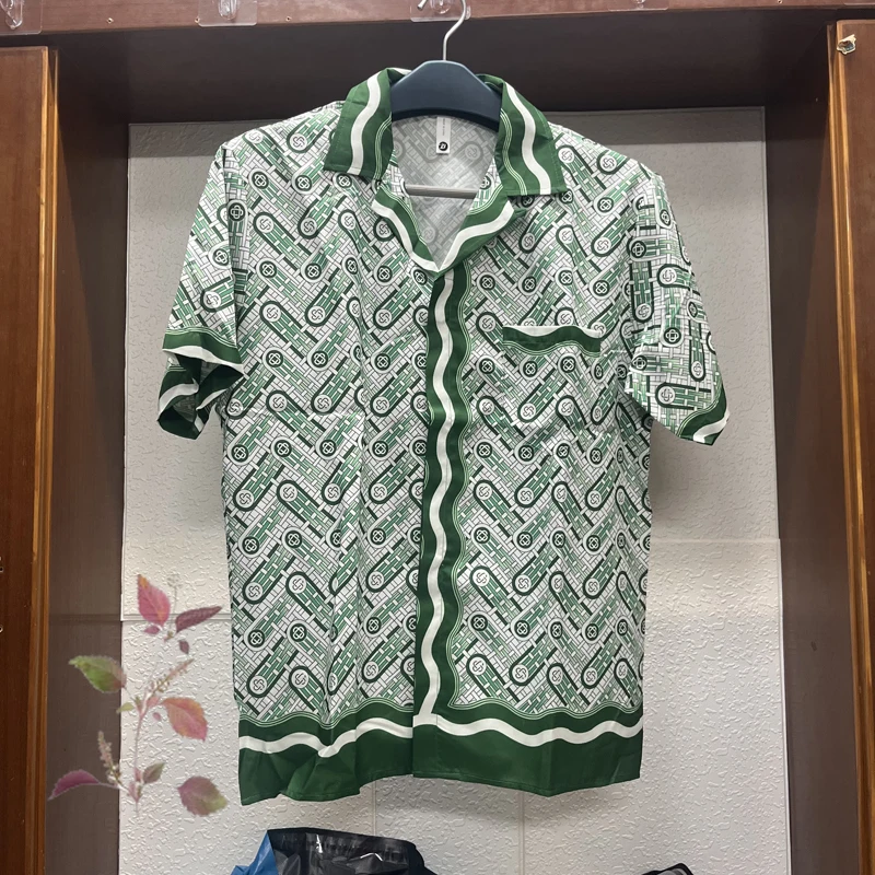 

Prothorax Pocket Green Wave Pattern Printing Casablanca Shirts High Street Comfortable Fabric Casual Casablanca Short Sleeve
