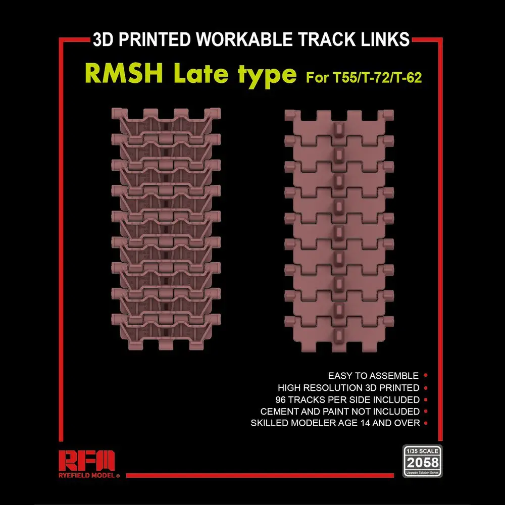 

Модель RYEFIELD, модель RFM RM-2058 1/35, 3D печатные работоспособные звенья для трека RMSH Late Type для набора моделей T55/T62/T72