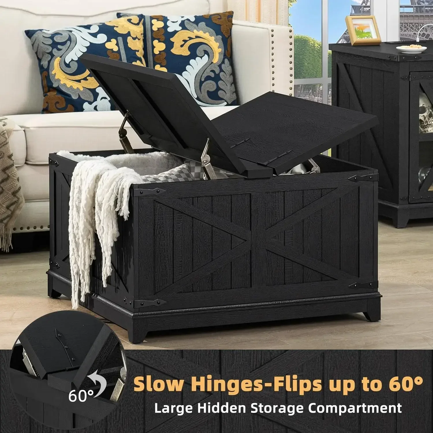 Farmhouse Coffee Table with Hidden Storage Organizer, Black Square Large Center TableHinged Lift Top for Home, Office 4
