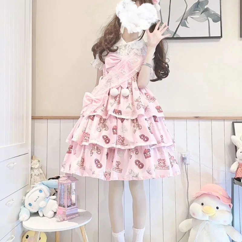 Japanese Style Harajuku Y2k Lolita Jsk Dresses, Women Kawaii Cartoon Bear Print Bow Princess Dresses, Girls Sweet Party Mini Dresses